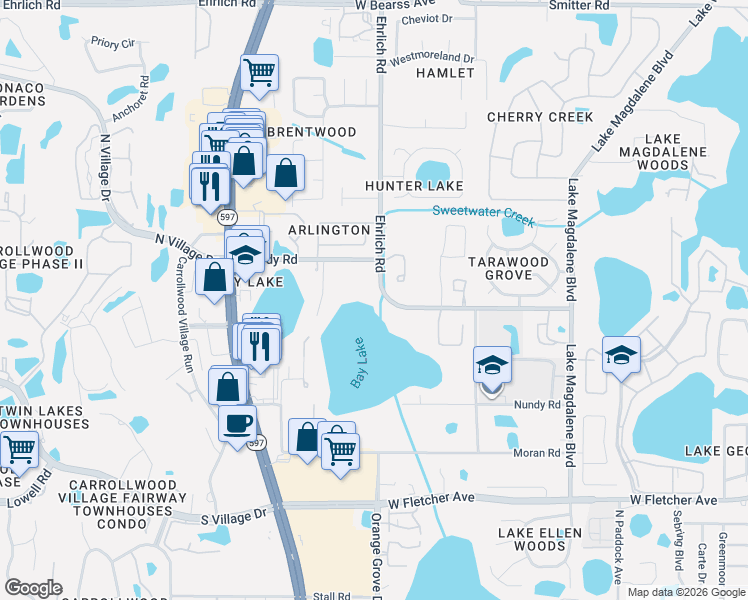 map of restaurants, bars, coffee shops, grocery stores, and more near 13904 Shadow Tree Lane in Tampa