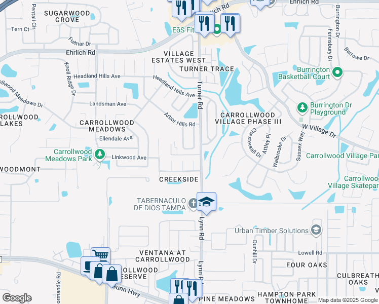 map of restaurants, bars, coffee shops, grocery stores, and more near 14014 Arbor Knoll Circle in Tampa