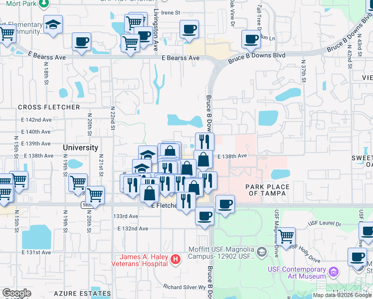 map of restaurants, bars, coffee shops, grocery stores, and more near 13809 Kapok Court in Tampa