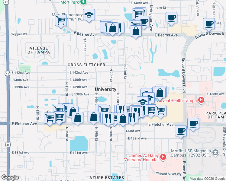 map of restaurants, bars, coffee shops, grocery stores, and more near in University