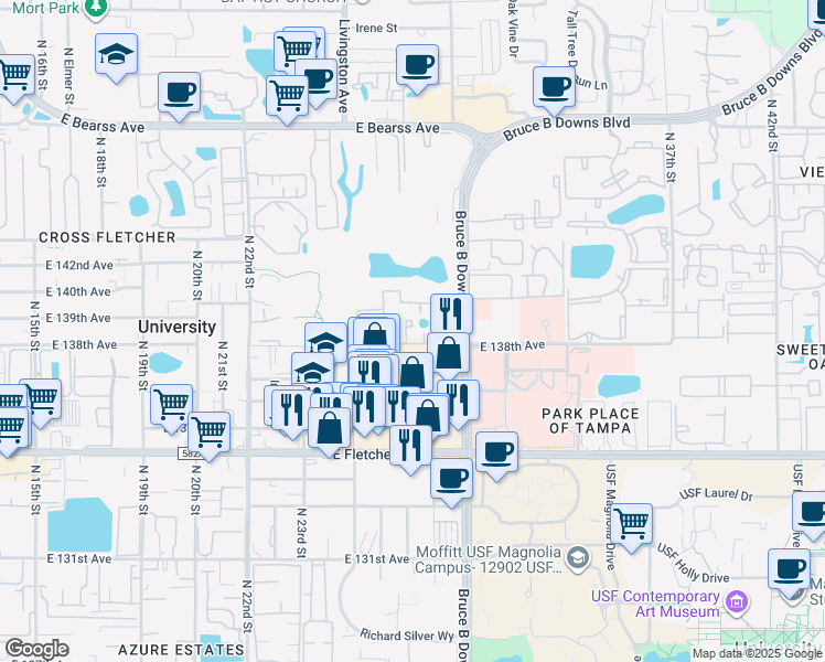 map of restaurants, bars, coffee shops, grocery stores, and more near 13809 Kapok Court in Tampa