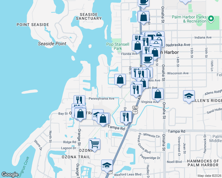 map of restaurants, bars, coffee shops, grocery stores, and more near 720 Natalie Lane in Palm Harbor