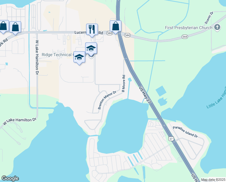 map of restaurants, bars, coffee shops, grocery stores, and more near 1037 Brenton Manor Drive in Winter Haven