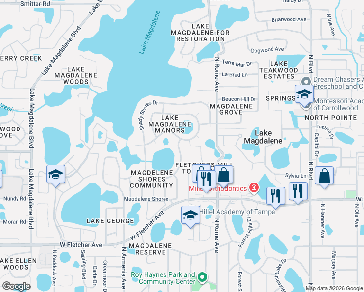 map of restaurants, bars, coffee shops, grocery stores, and more near 1903 Magdalene Manor Drive in Tampa