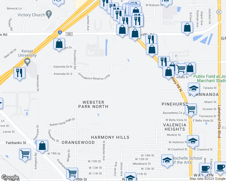 map of restaurants, bars, coffee shops, grocery stores, and more near Providence Reserve Loop in Lakeland