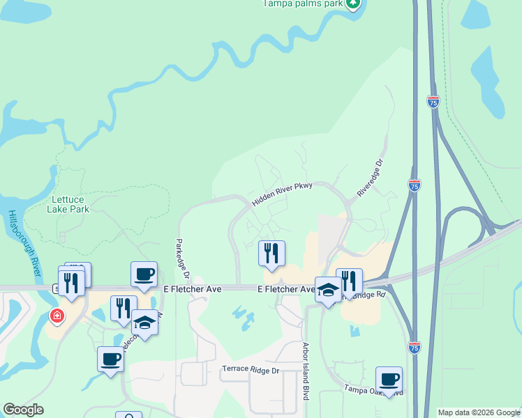 map of restaurants, bars, coffee shops, grocery stores, and more near 8500 Hidden River Parkway in Tampa