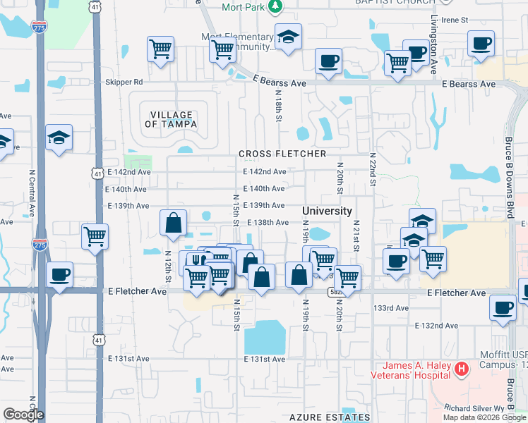 map of restaurants, bars, coffee shops, grocery stores, and more near 1520 East 139th Avenue in Tampa