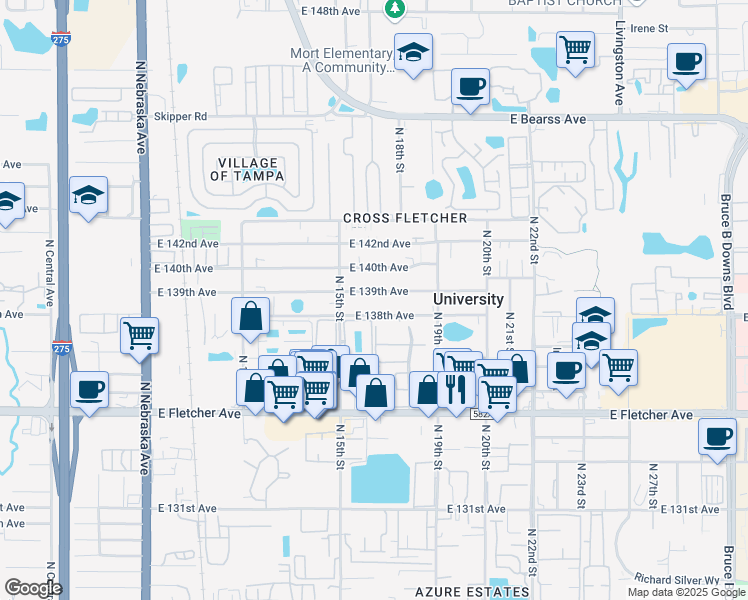 map of restaurants, bars, coffee shops, grocery stores, and more near 1520 East 139th Avenue in Tampa
