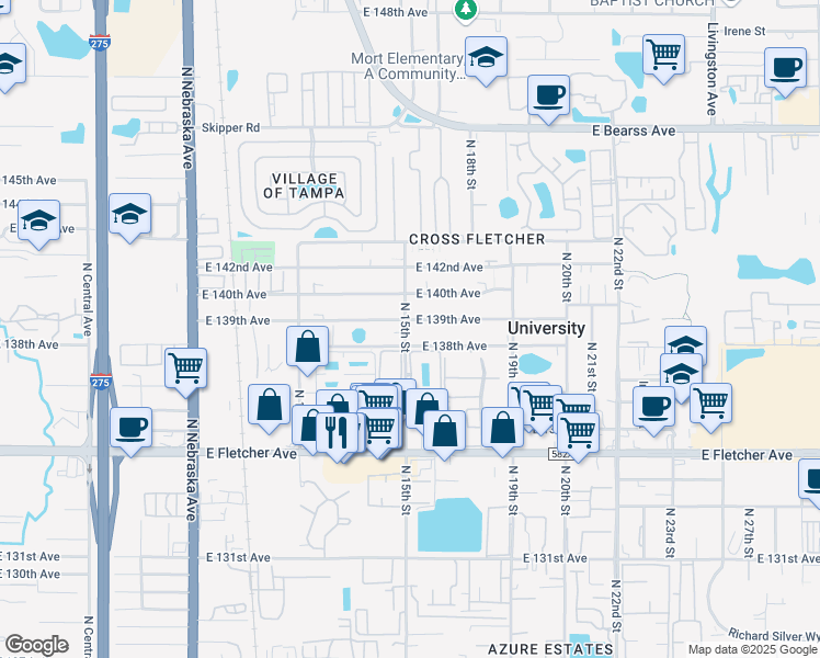 map of restaurants, bars, coffee shops, grocery stores, and more near 1450 East 139th Avenue in Tampa