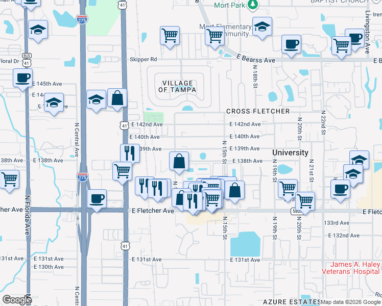 map of restaurants, bars, coffee shops, grocery stores, and more near 1212 East 139th Avenue in Tampa