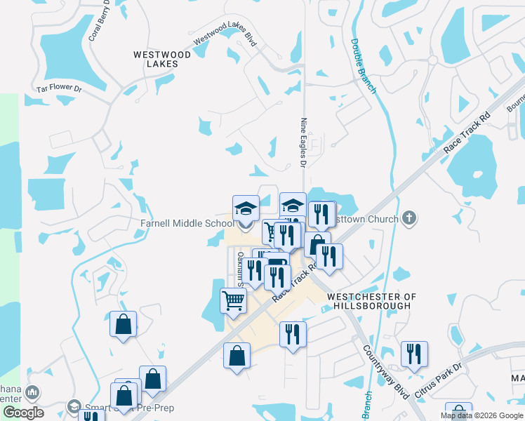 map of restaurants, bars, coffee shops, grocery stores, and more near 14076 Waterville Circle in Tampa