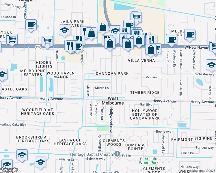 map of restaurants, bars, coffee shops, grocery stores, and more near 202 Hollywood Boulevard in Melbourne