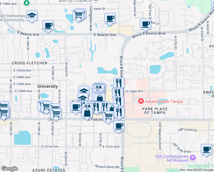 map of restaurants, bars, coffee shops, grocery stores, and more near 13809 Kapok Ct in Tampa