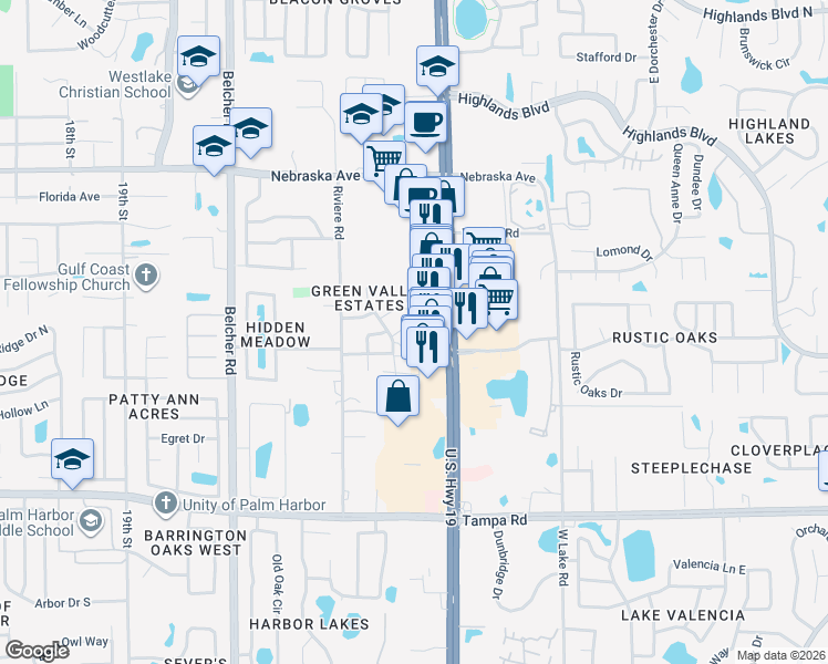 map of restaurants, bars, coffee shops, grocery stores, and more near 33180 US Highway 19 North in Palm Harbor