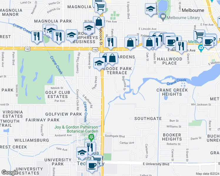 map of restaurants, bars, coffee shops, grocery stores, and more near 2309 South Babcock Street in Melbourne