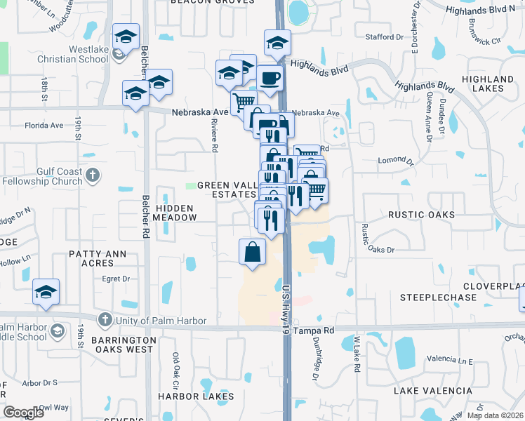 map of restaurants, bars, coffee shops, grocery stores, and more near 33180 US Highway 19 North in Palm Harbor