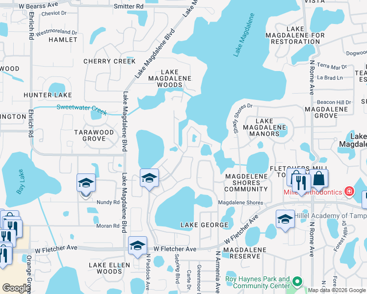map of restaurants, bars, coffee shops, grocery stores, and more near 13832 Orange Sunset Drive in Tampa
