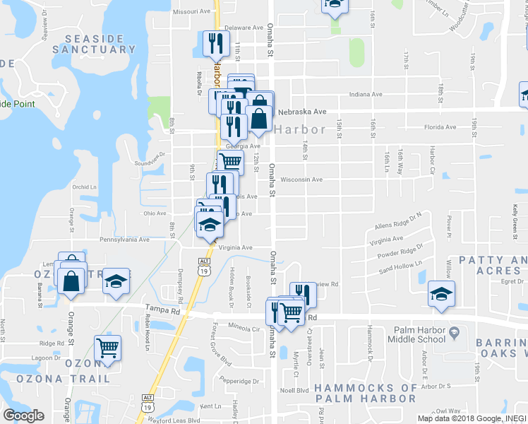 map of restaurants, bars, coffee shops, grocery stores, and more near 1235 Ohio Avenue in Palm Harbor