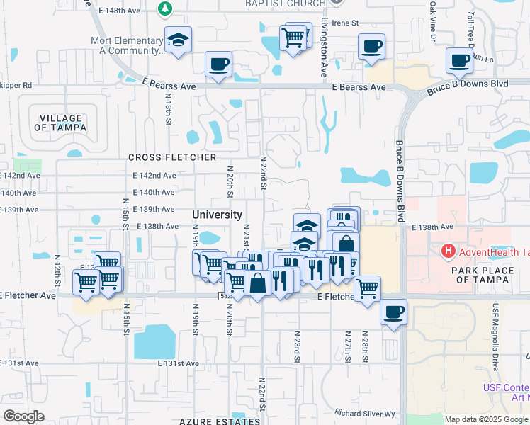 map of restaurants, bars, coffee shops, grocery stores, and more near 2201 North Spring Glade Circle in Tampa