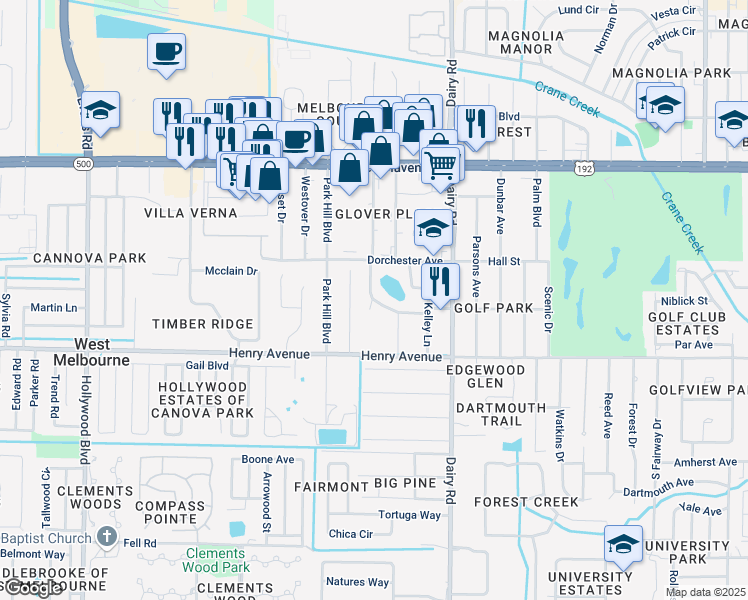 map of restaurants, bars, coffee shops, grocery stores, and more near 3430 Lakewood Drive in West Melbourne