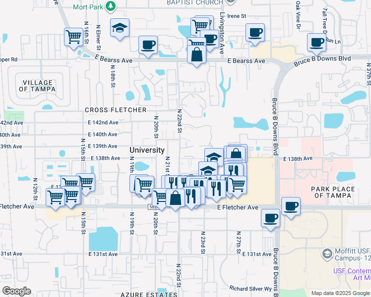 map of restaurants, bars, coffee shops, grocery stores, and more near 2232 North Spring Glade Circle in Tampa