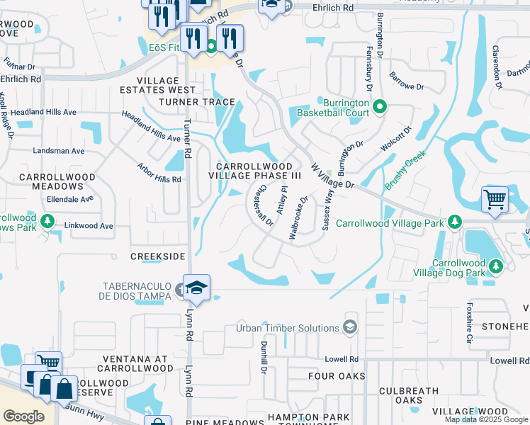 map of restaurants, bars, coffee shops, grocery stores, and more near 13707 Chestersall Drive in Tampa