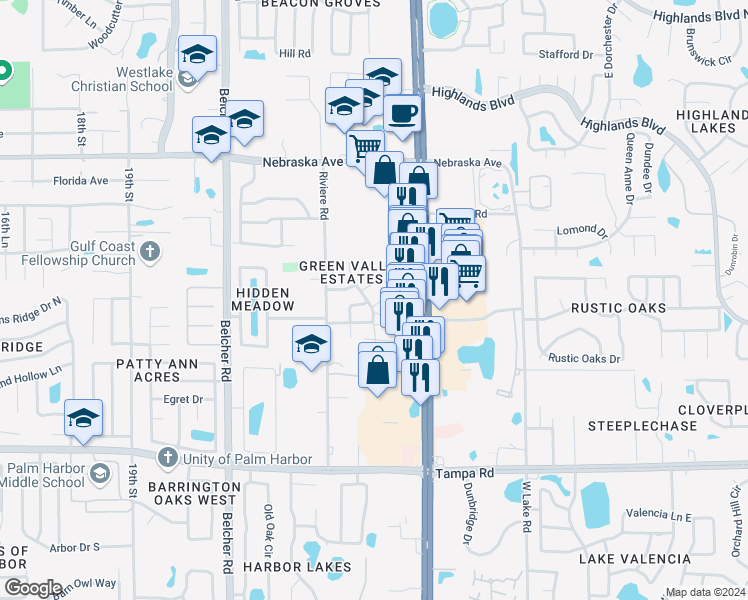 map of restaurants, bars, coffee shops, grocery stores, and more near 2333 Maben Circle in Palm Harbor