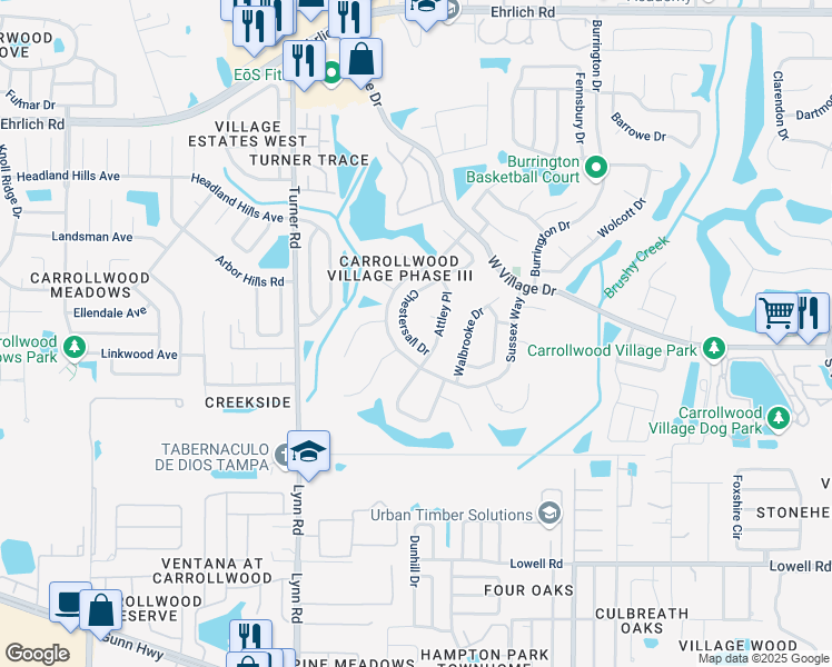 map of restaurants, bars, coffee shops, grocery stores, and more near 13707 Chestersall Drive in Tampa