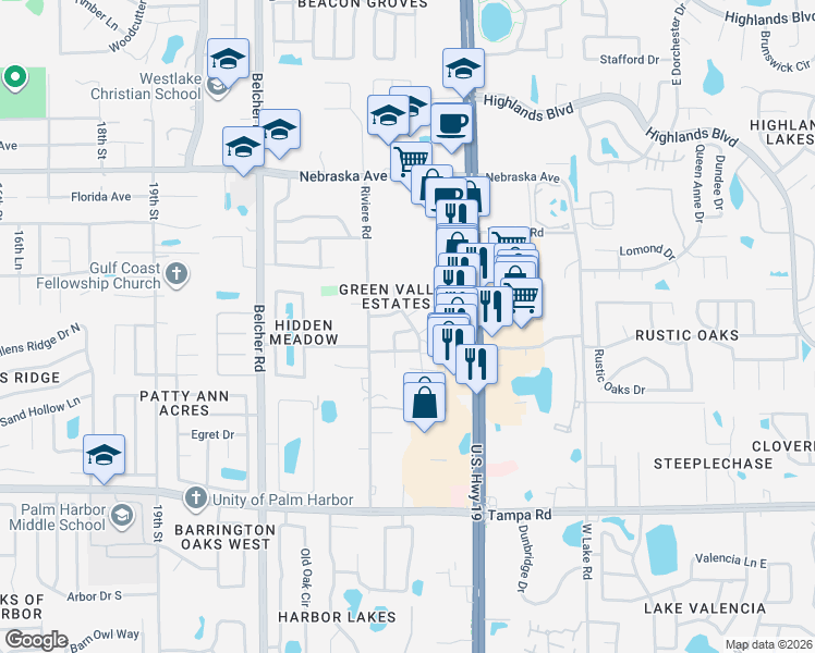 map of restaurants, bars, coffee shops, grocery stores, and more near 2334 Walton Circle in Palm Harbor