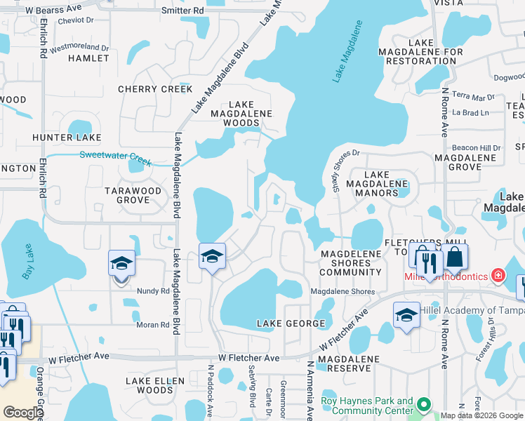 map of restaurants, bars, coffee shops, grocery stores, and more near 13832 Orange Sunset Drive in Tampa
