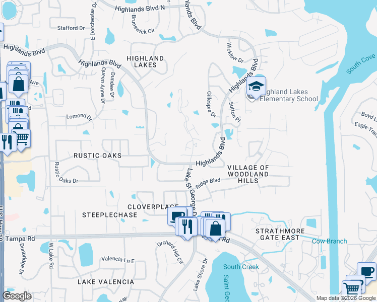 map of restaurants, bars, coffee shops, grocery stores, and more near 944 Madrid Drive in Palm Harbor