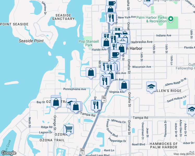 map of restaurants, bars, coffee shops, grocery stores, and more near 904 Illinois Avenue in Palm Harbor