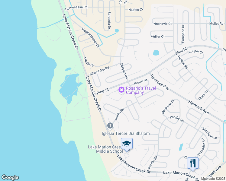 map of restaurants, bars, coffee shops, grocery stores, and more near 519 Peace Drive in Kissimmee