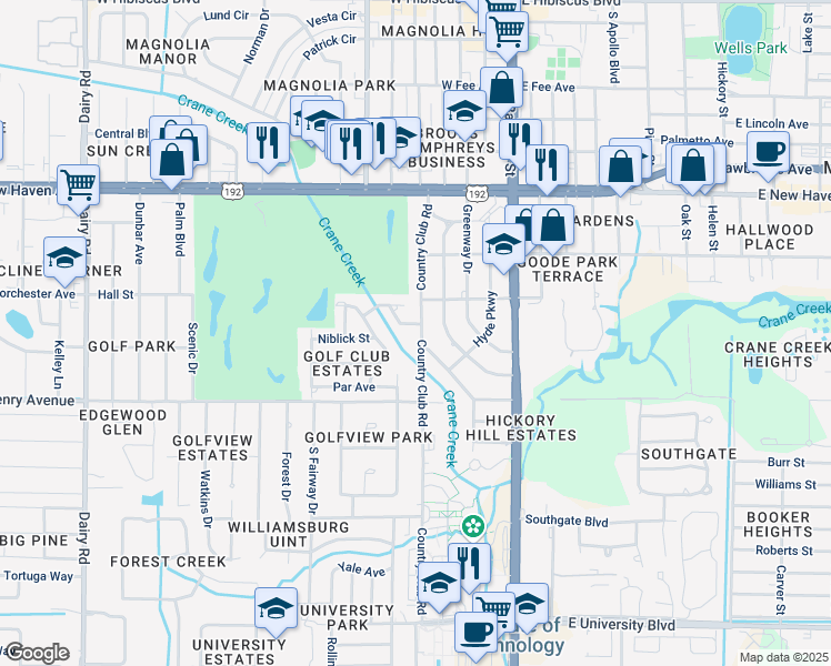 map of restaurants, bars, coffee shops, grocery stores, and more near 2312 Country Club Road in Melbourne