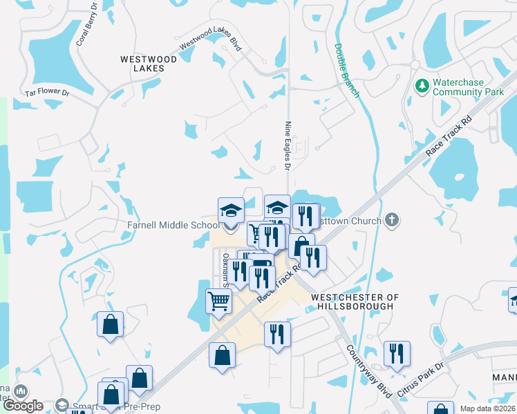 map of restaurants, bars, coffee shops, grocery stores, and more near 14076 Waterville Circle in Tampa
