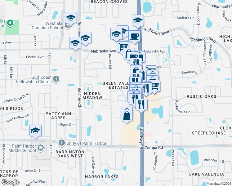 map of restaurants, bars, coffee shops, grocery stores, and more near 786 Riviere Road in Palm Harbor