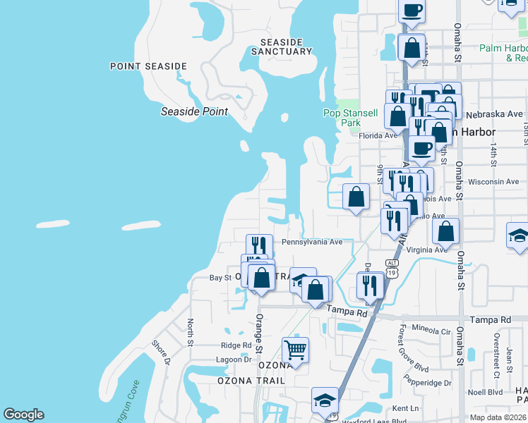 map of restaurants, bars, coffee shops, grocery stores, and more near 624 Orange Street in Palm Harbor