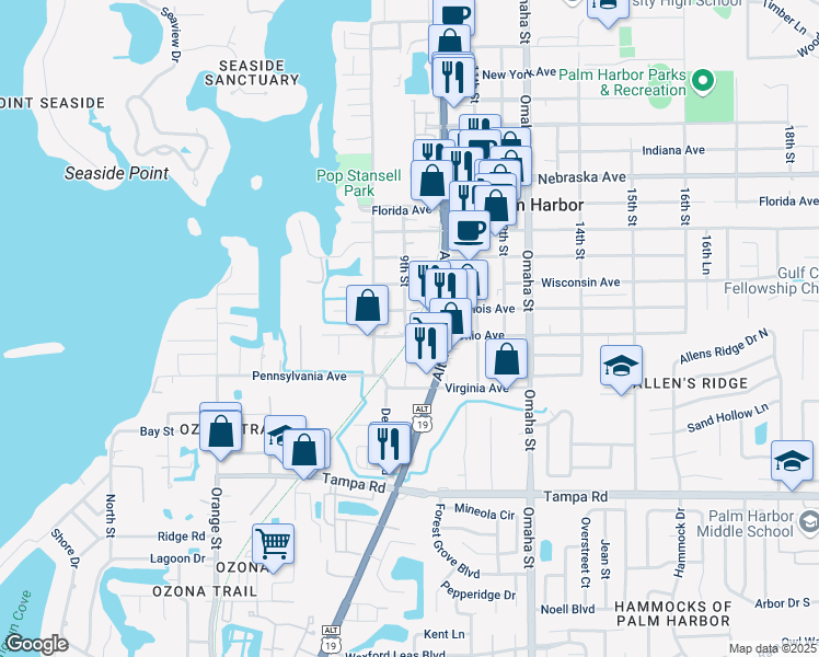 map of restaurants, bars, coffee shops, grocery stores, and more near 904 Illinois Avenue in Palm Harbor