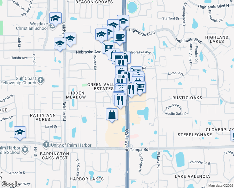 map of restaurants, bars, coffee shops, grocery stores, and more near 2368 Maben Circle in Palm Harbor