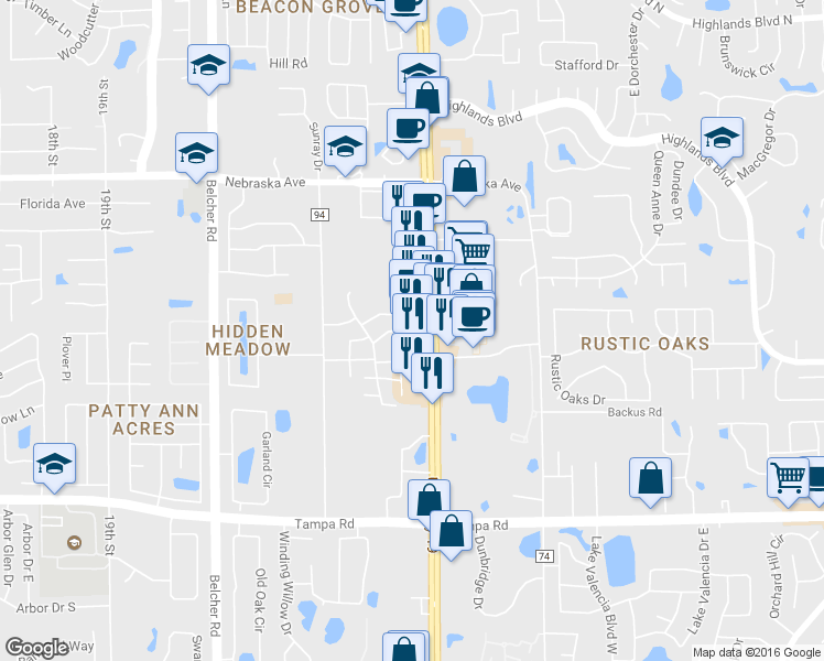 map of restaurants, bars, coffee shops, grocery stores, and more near 33180 US Highway 19 North in Palm Harbor