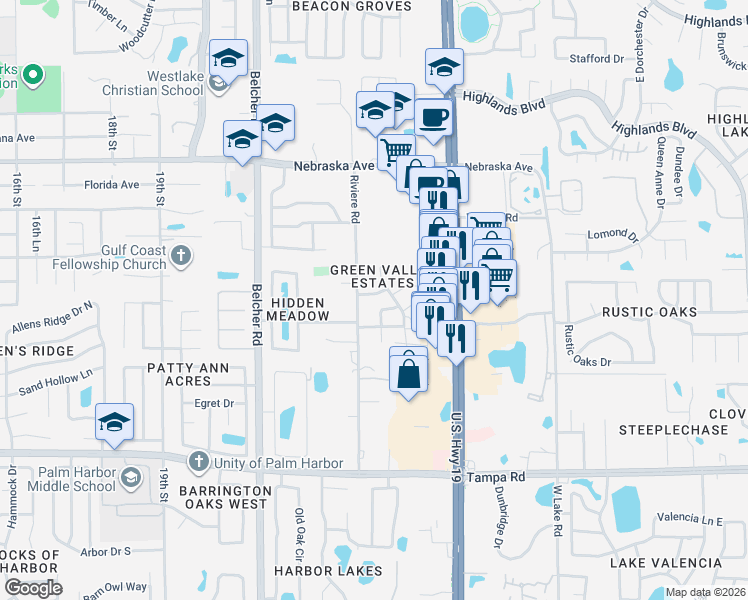 map of restaurants, bars, coffee shops, grocery stores, and more near 786 Riviere Road in Palm Harbor