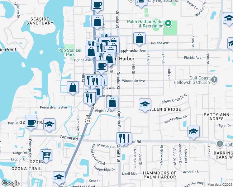 map of restaurants, bars, coffee shops, grocery stores, and more near 607 Omaha Street in Palm Harbor