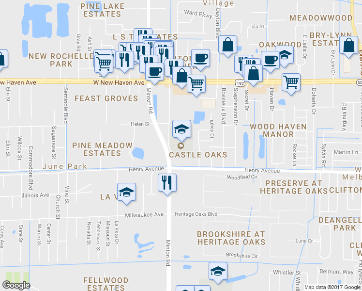 map of restaurants, bars, coffee shops, grocery stores, and more near 2255 Meadowlane Avenue in West Melbourne