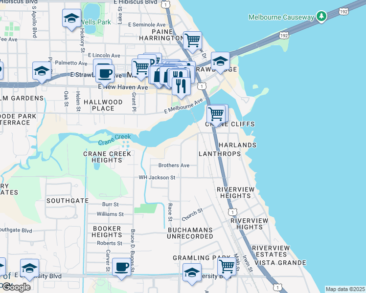 map of restaurants, bars, coffee shops, grocery stores, and more near 2301 Lipscomb Street in Melbourne