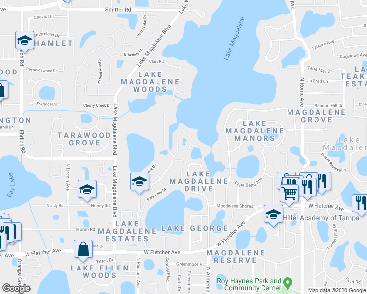 map of restaurants, bars, coffee shops, grocery stores, and more near 13832 Orange Sunset Drive in Tampa