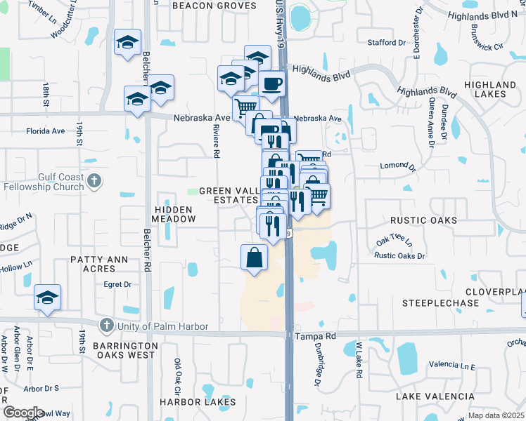 map of restaurants, bars, coffee shops, grocery stores, and more near 33180 US Highway 19 North in Palm Harbor