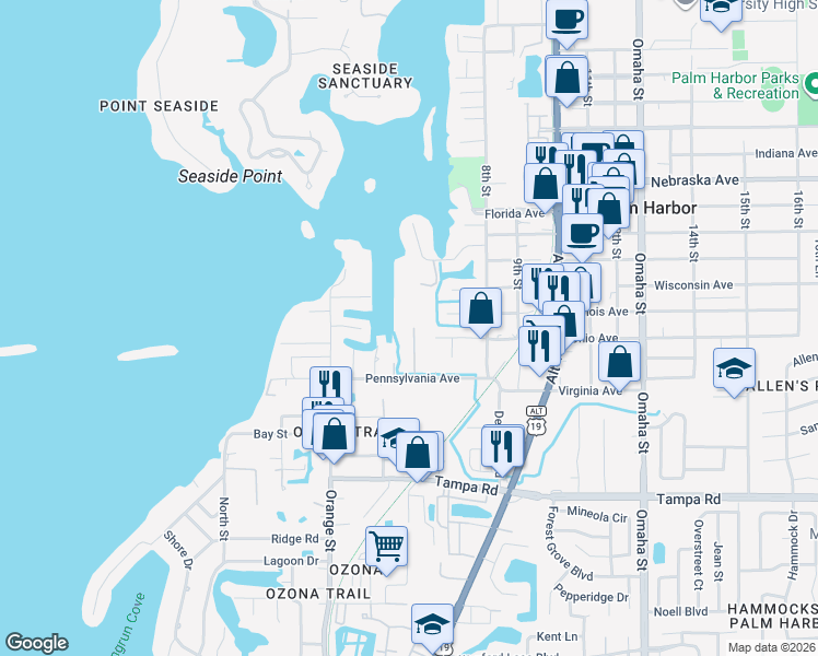 map of restaurants, bars, coffee shops, grocery stores, and more near 578 Ryans Woods Lane in Palm Harbor