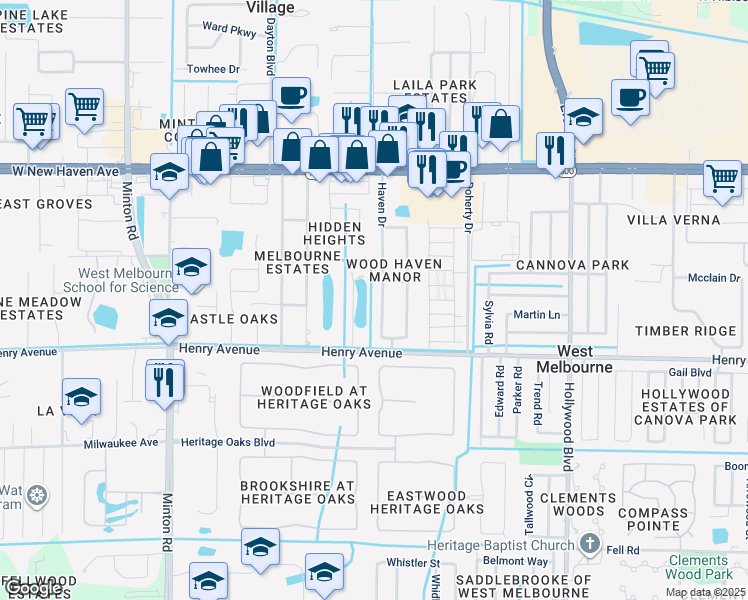 map of restaurants, bars, coffee shops, grocery stores, and more near 231 Naylor Drive in Melbourne
