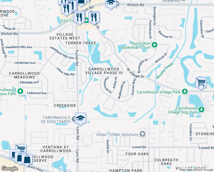 map of restaurants, bars, coffee shops, grocery stores, and more near 13707 Chestersall Drive in Tampa
