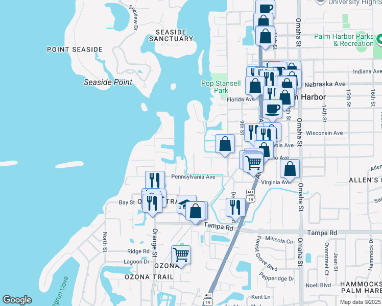 map of restaurants, bars, coffee shops, grocery stores, and more near 574 Ryans Woods Lane in Palm Harbor